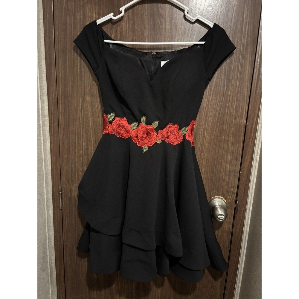Camille la Vie Black Embroidered Roses off the shoulder Party Prom Dress 3/4